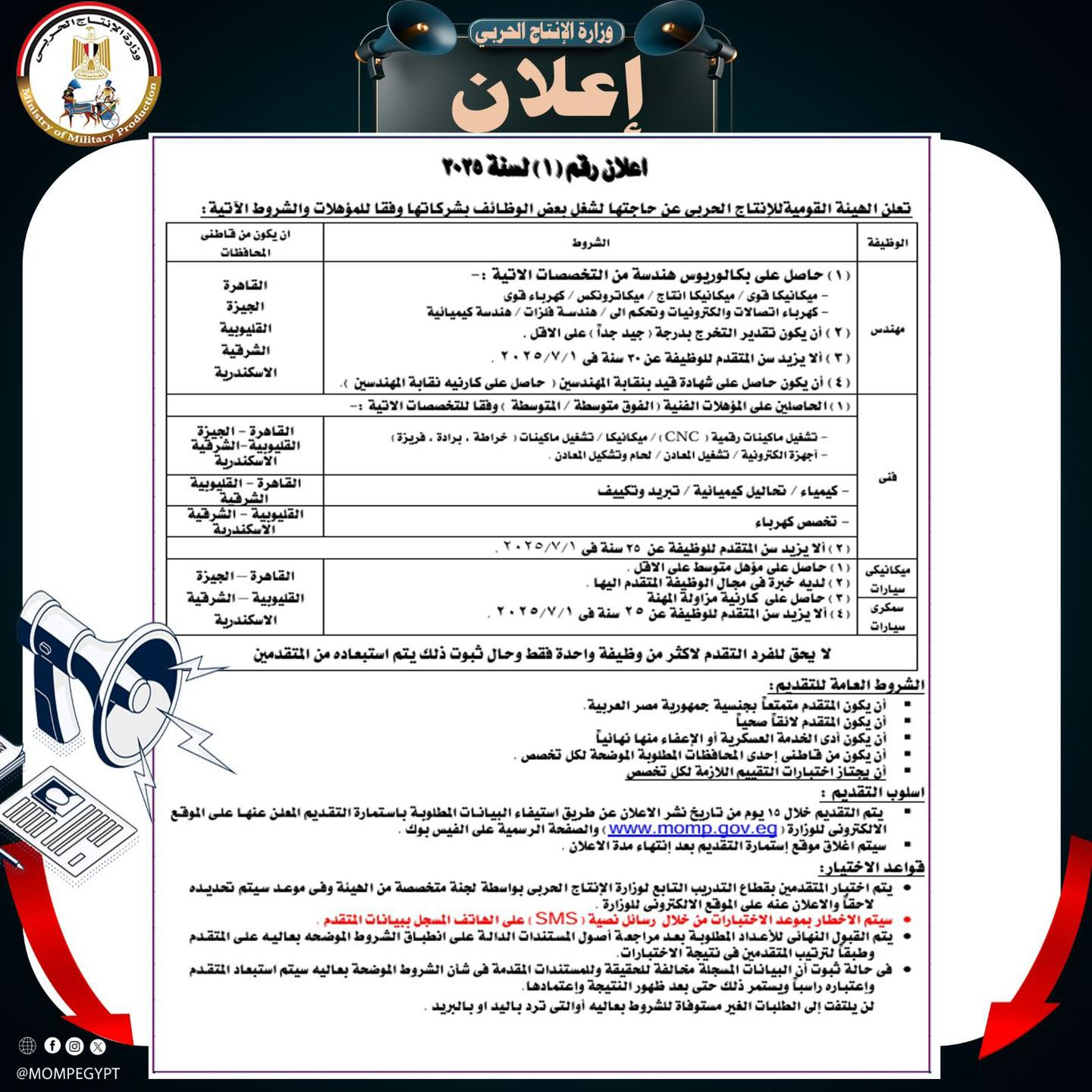 تعلن الهيئة القوميةللإنتاج الحربى عن حاجتها لشغل بعض الوظائف في هذه التخصصات