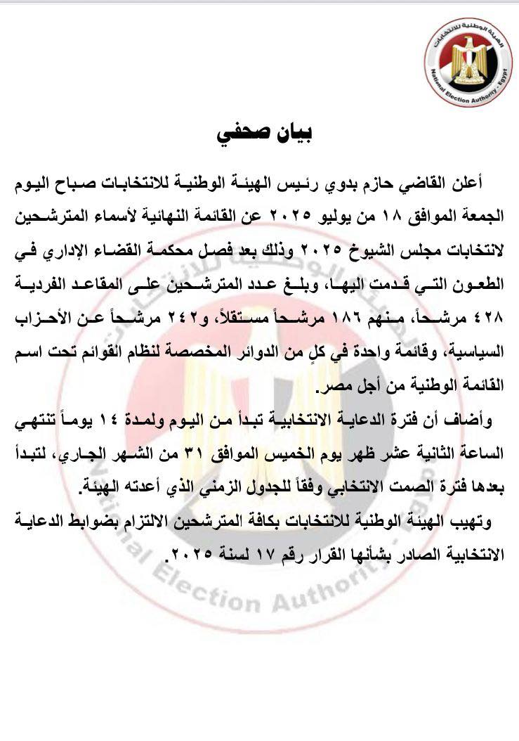 بيان صحفي من الهيئة الوطنية للانتخابات بدء فترةالدعاية والصمت الانتخابي