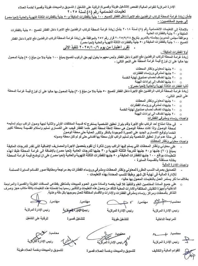 السكة الحديد ترفع غرامات الركوب دون تذكرة إلى 100 جنيه.. بدء التطبيق 9 أكتوبر