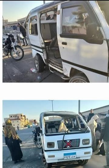 إصابة 8 أشخاص في حادث تصادم سيارة سوزوكي محمّلة بالعمالة مع ملاكي بمدينة السادات